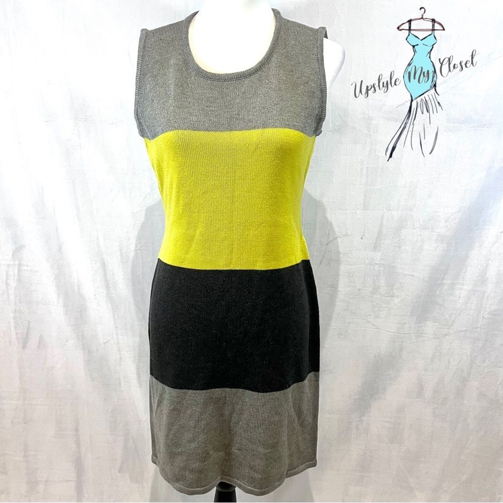 Calvin Klein gray yellow and black color block knit sweater dress size medium